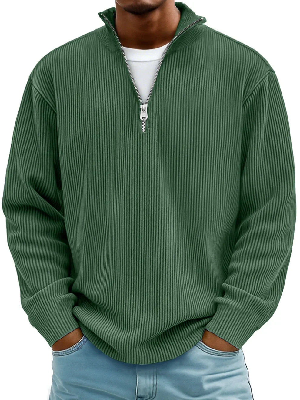 Men's half zip sweater with ribbed collar - army green