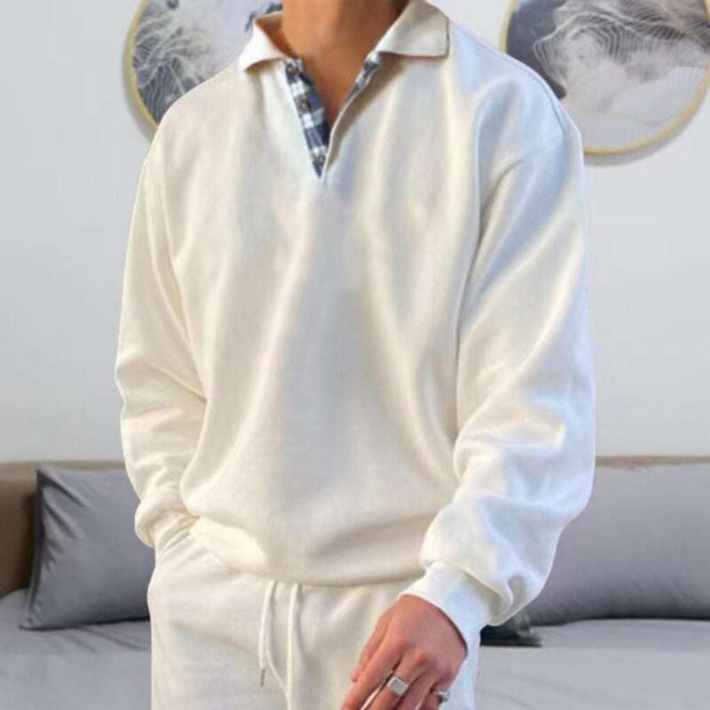 Men's half zip polo sweater with patchwork chest detail - white