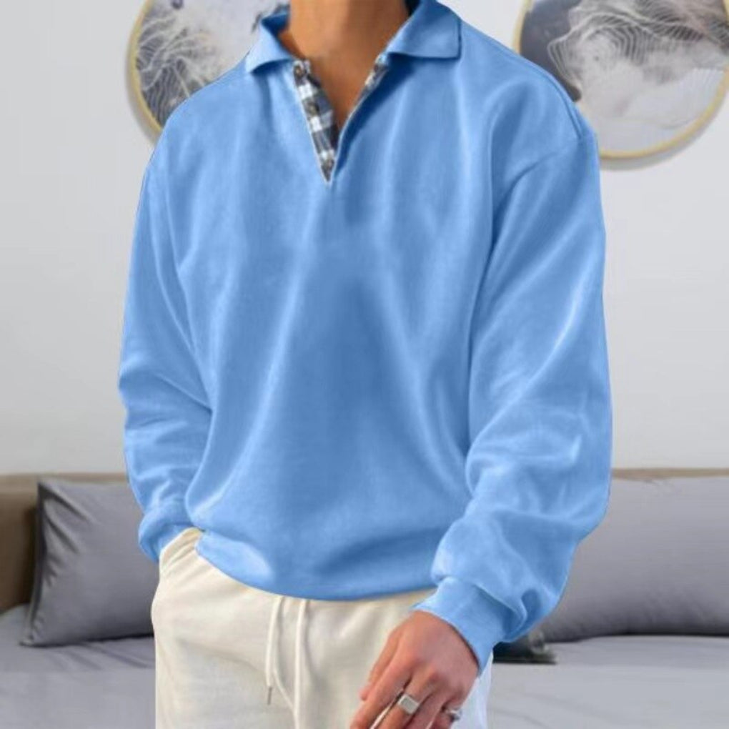 Men's half zip polo sweater with patchwork chest detail - light blue