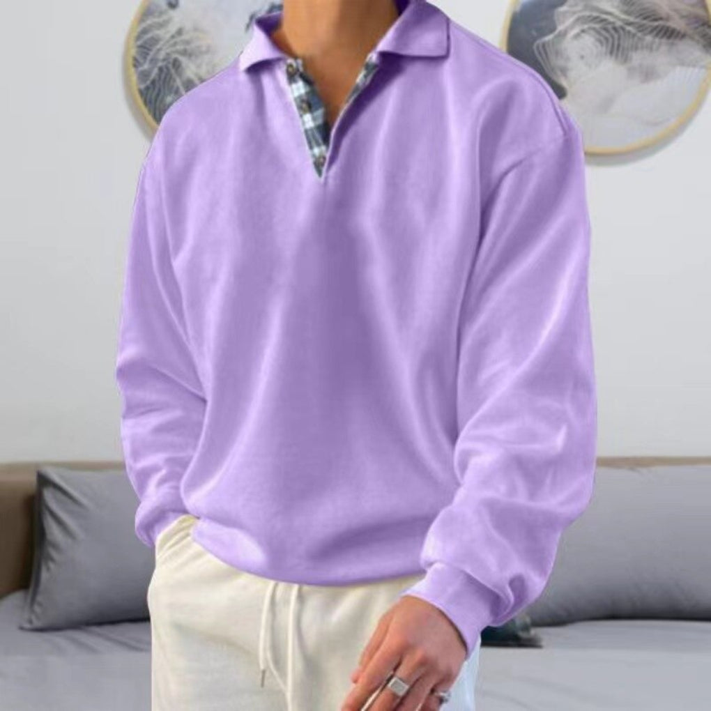 Men's half zip polo sweater with patchwork chest detail - purple