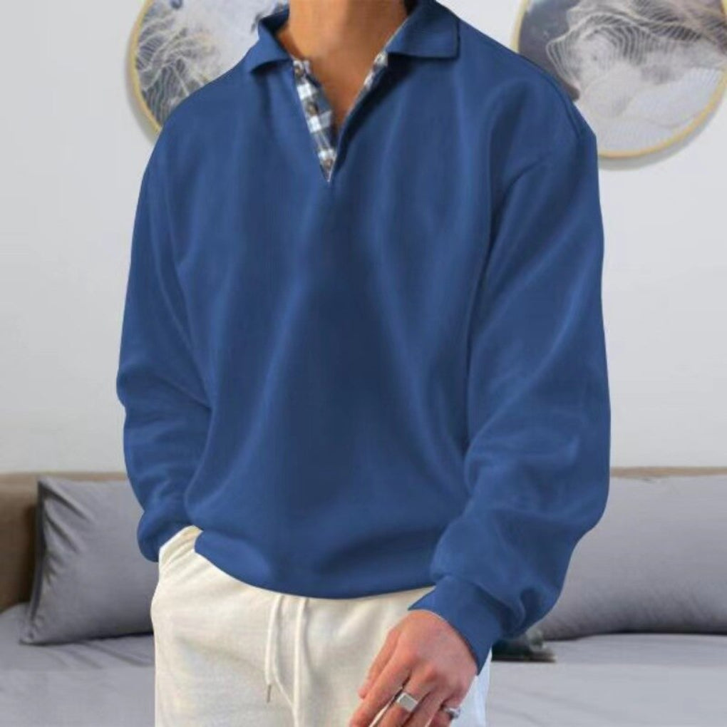 Men's half zip polo sweater with patchwork chest detail - dark blue