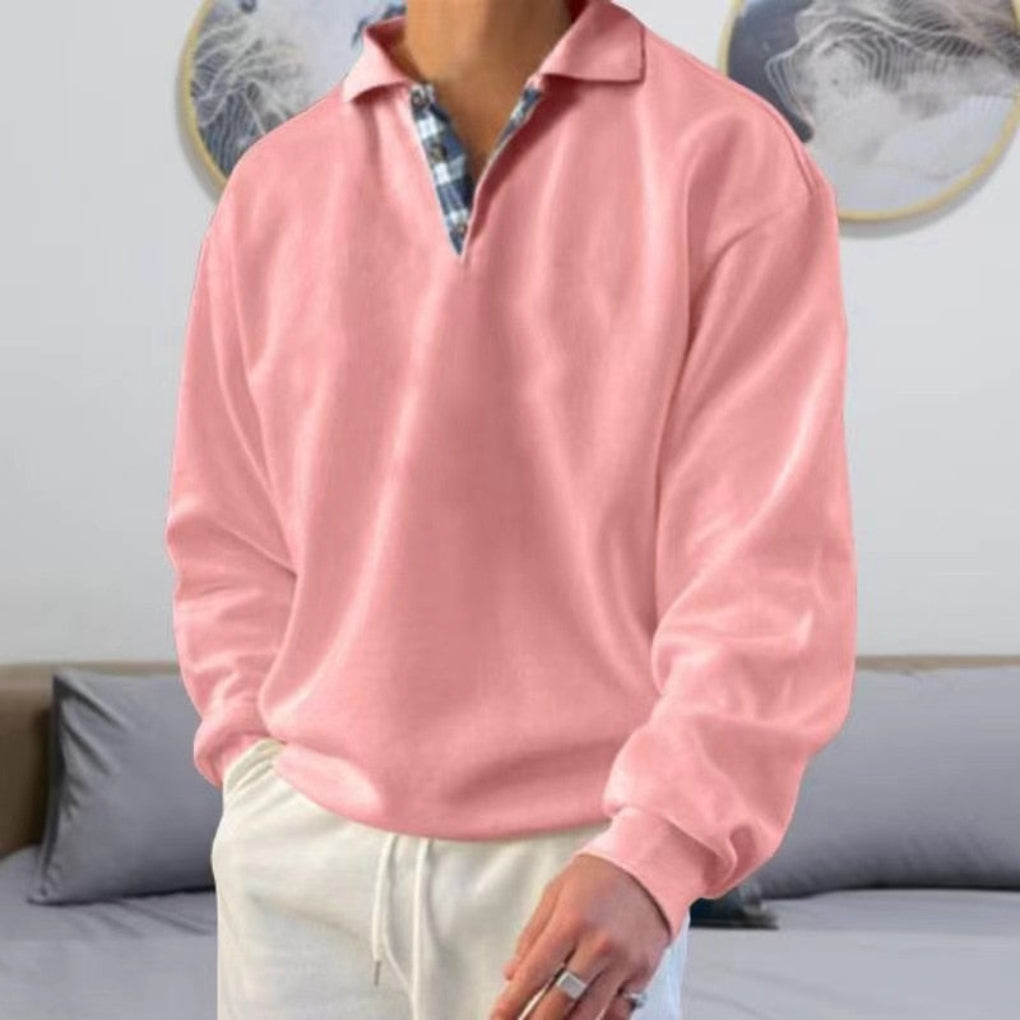 Men's half zip polo sweater with patchwork chest detail - pink