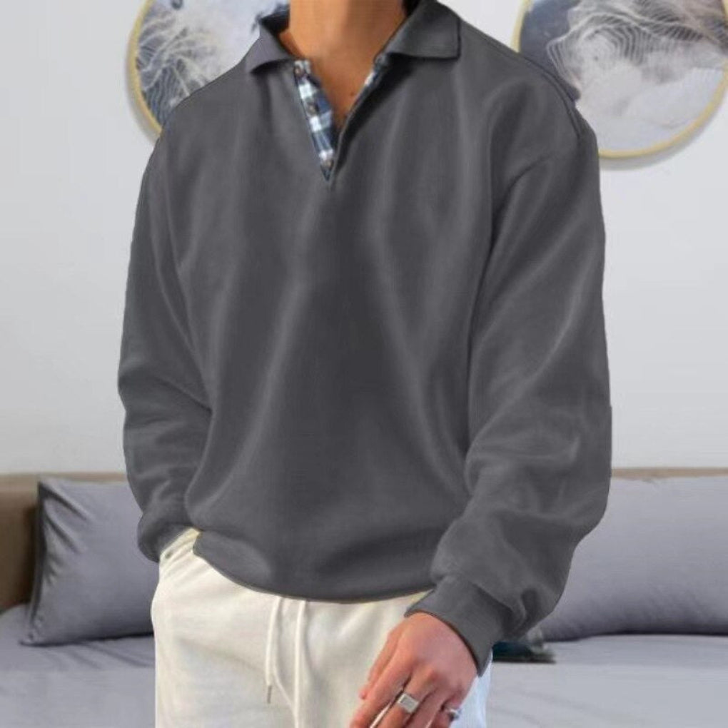 Men's half zip polo sweater with patchwork chest detail - gray