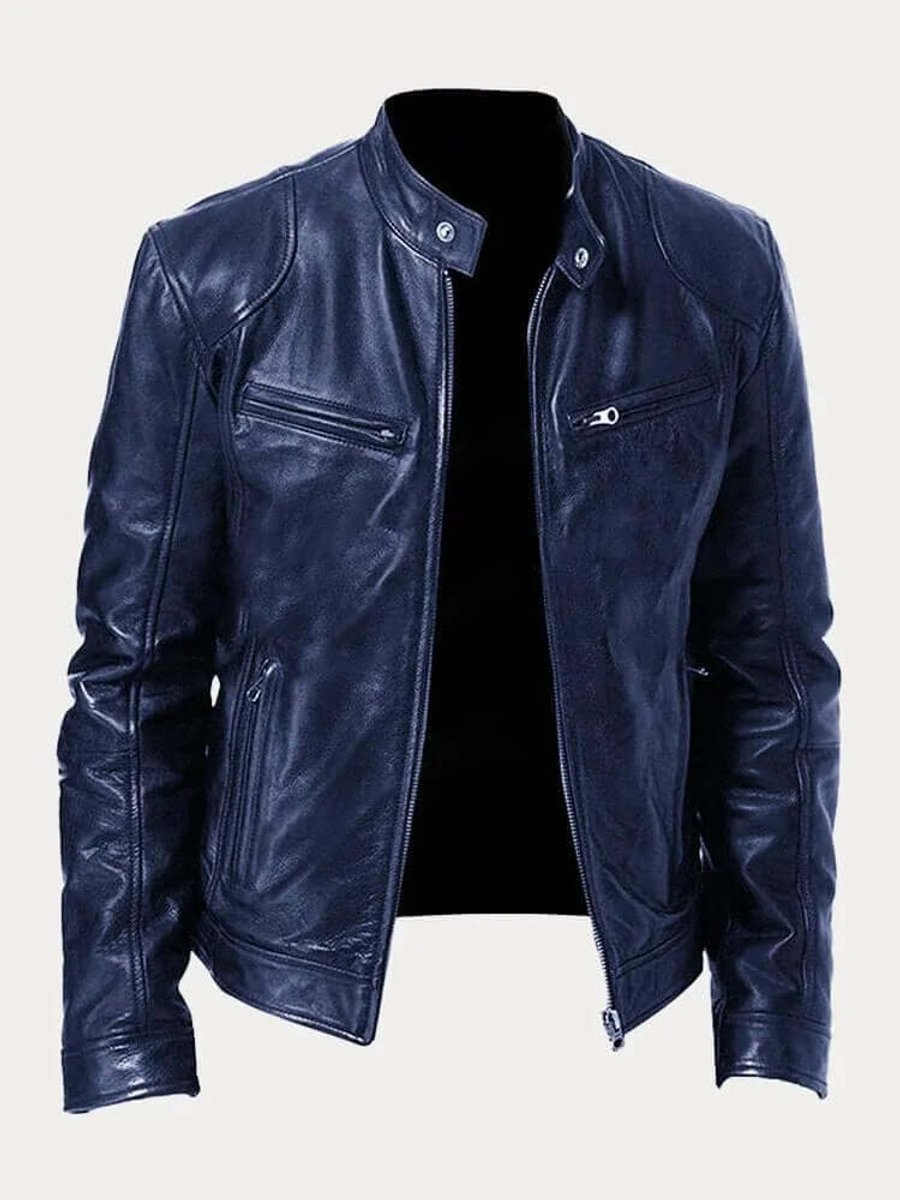 Biker-style zip-up leather jacket for men - dark blue
