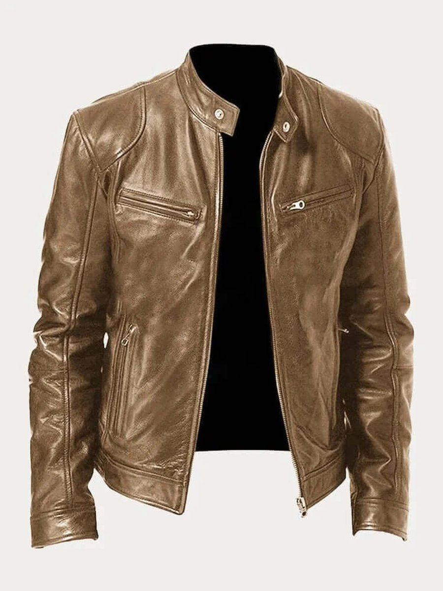 Biker-style zip-up leather jacket for men - khaki