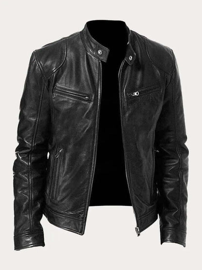 Biker-style zip-up leather jacket for men - black
