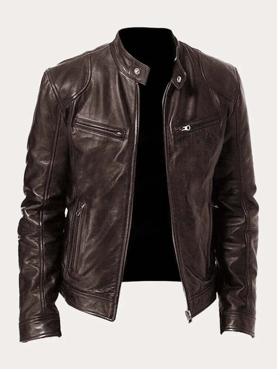 Biker-style zip-up leather jacket for men - brown