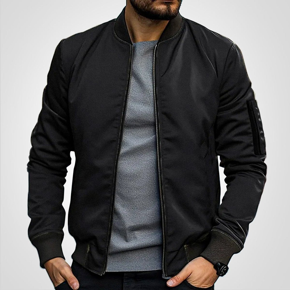 Zip-up bomber jacket for men with slim fit - black