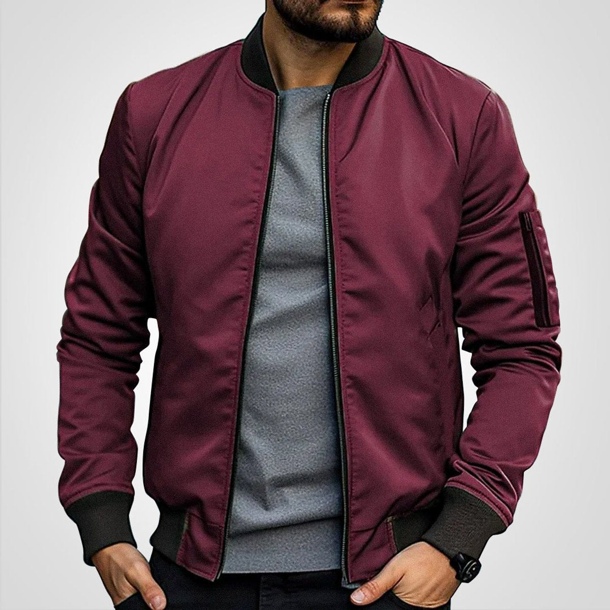 Zip-up bomber jacket for men with slim fit - burgundy
