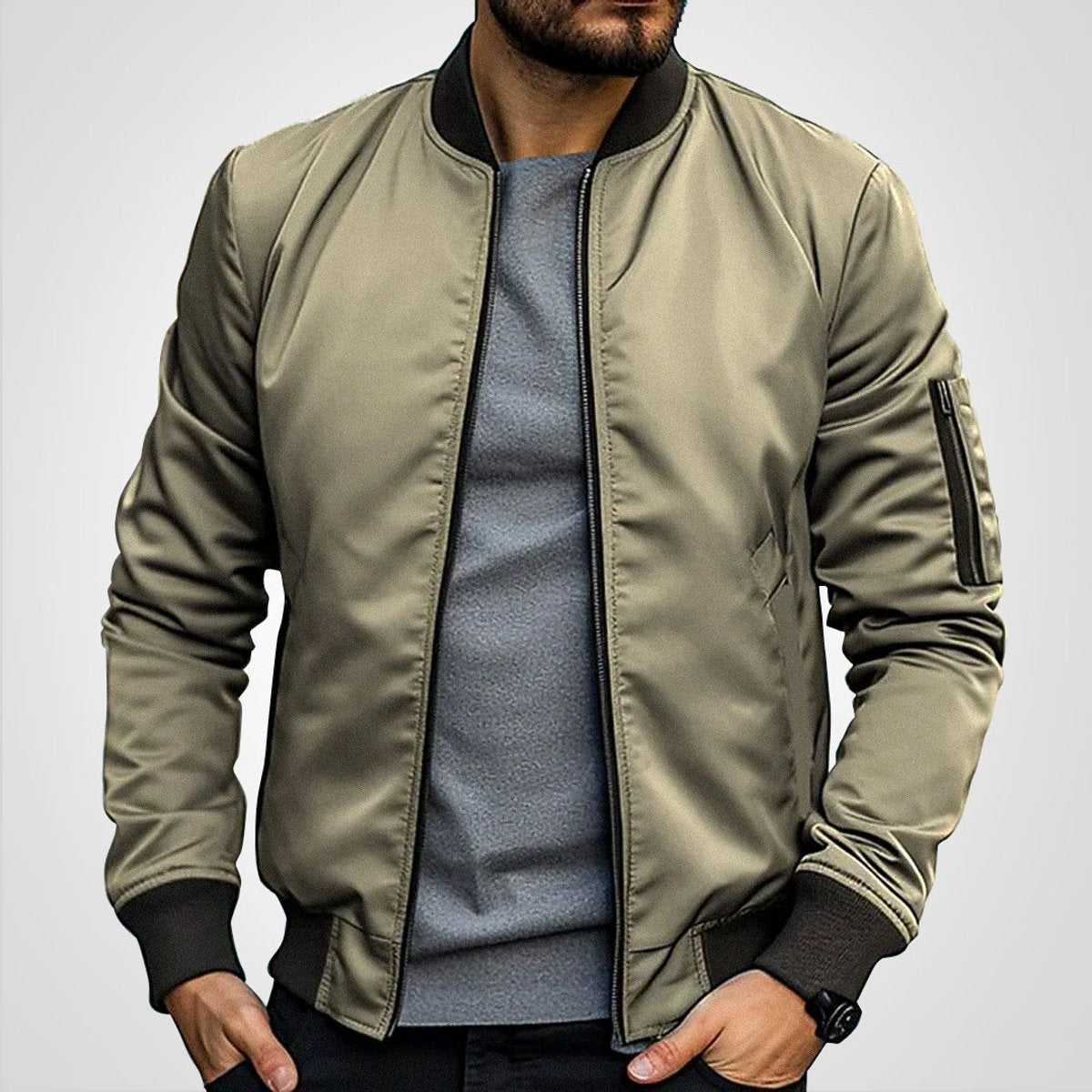 Zip-up bomber jacket for men with slim fit - khaki