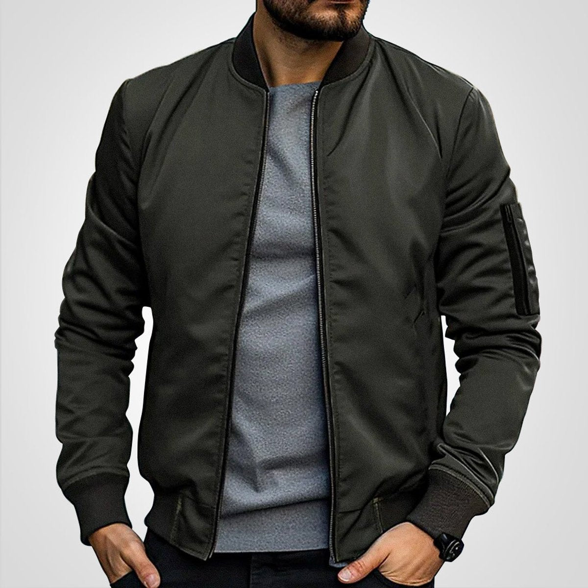 Zip-up bomber jacket for men with slim fit - olive green