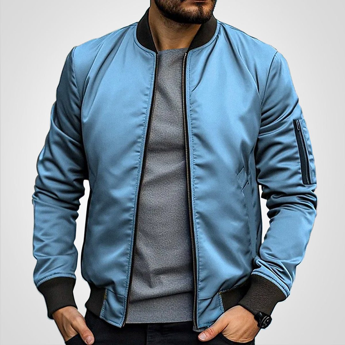 Zip-up bomber jacket for men with slim fit - blue