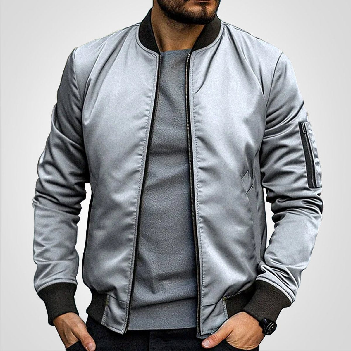Zip-up bomber jacket for men with slim fit - light grey