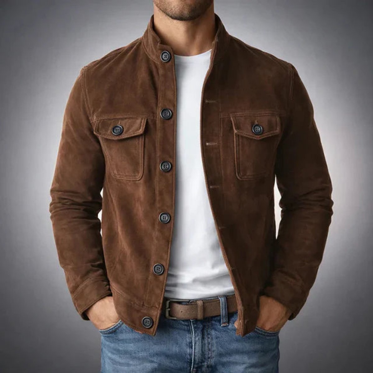 Suede button-front jacket for men - dark brown