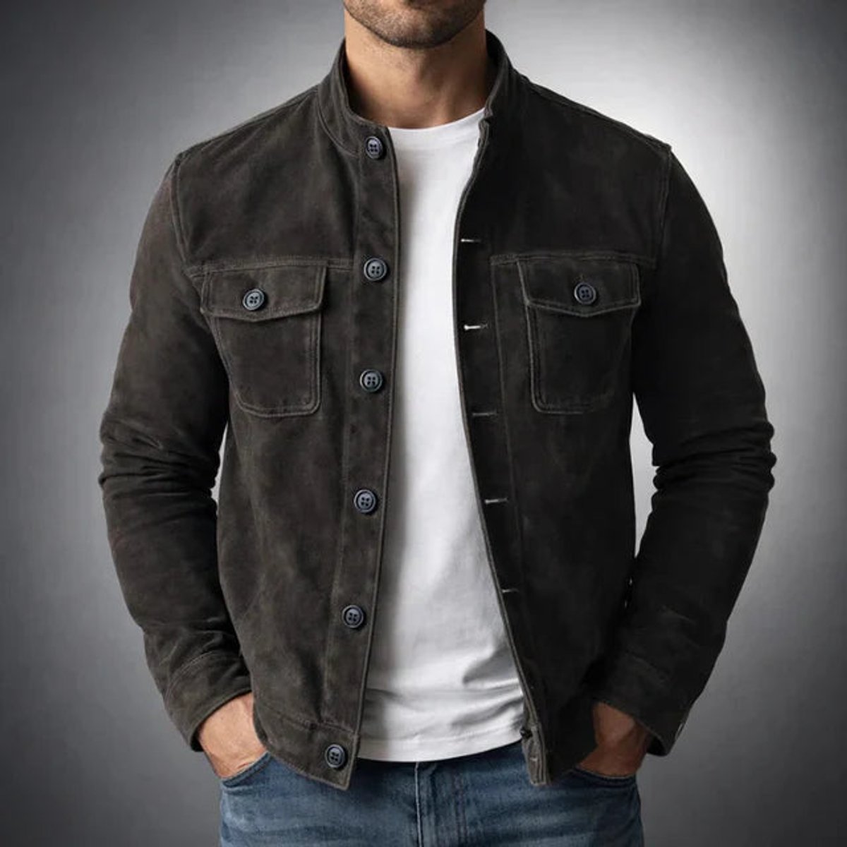 Suede button-front jacket for men - black