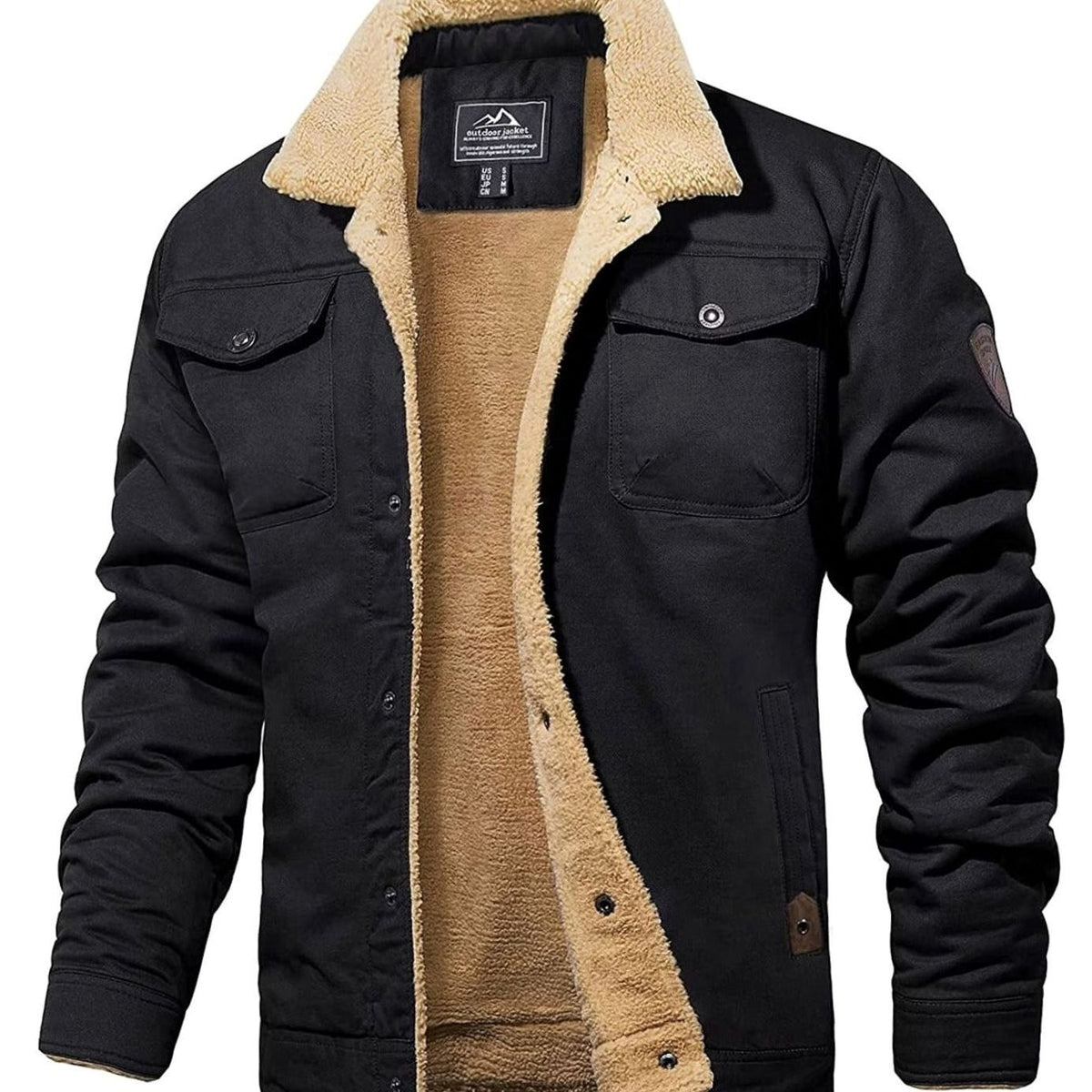 Men's sherpa lined denim trucker jacket with snap front - black
