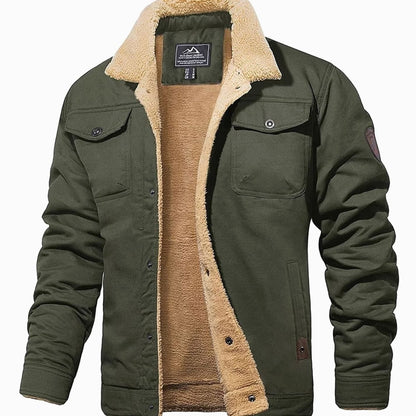Men's sherpa lined denim trucker jacket with snap front - army green