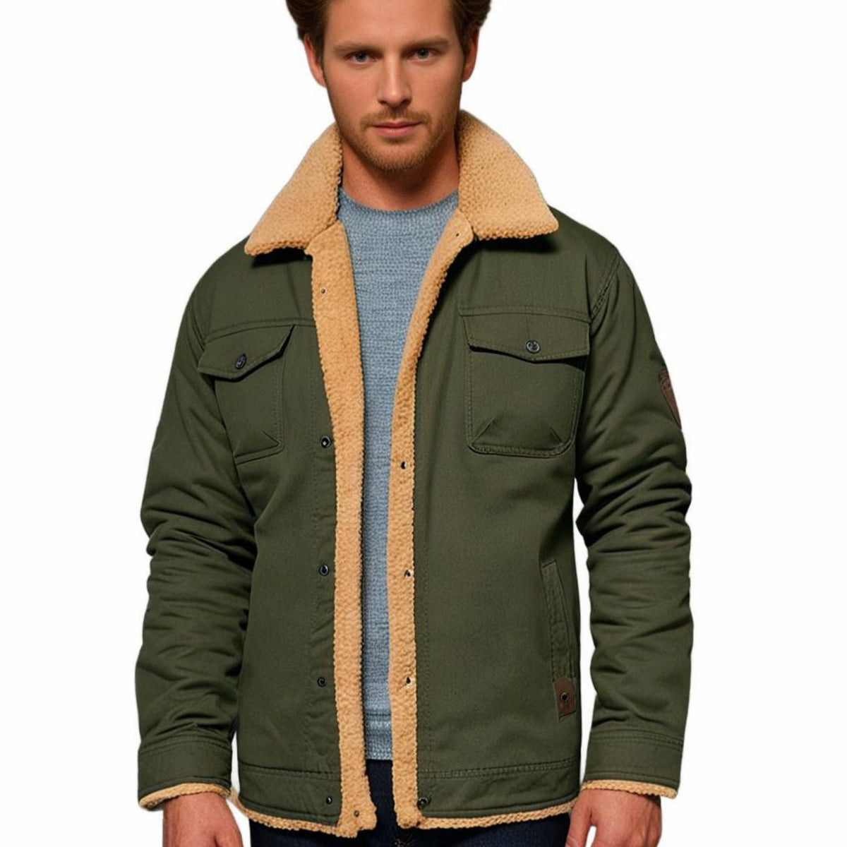 Men's sherpa lined denim trucker jacket with snap front