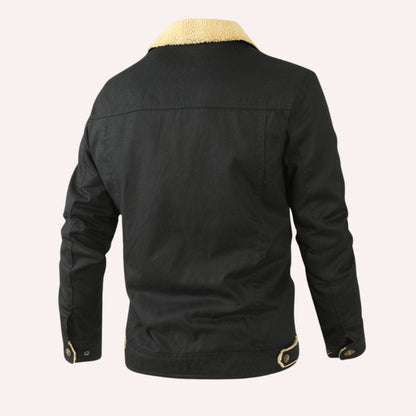 Men's sherpa lined denim trucker jacket with snap front