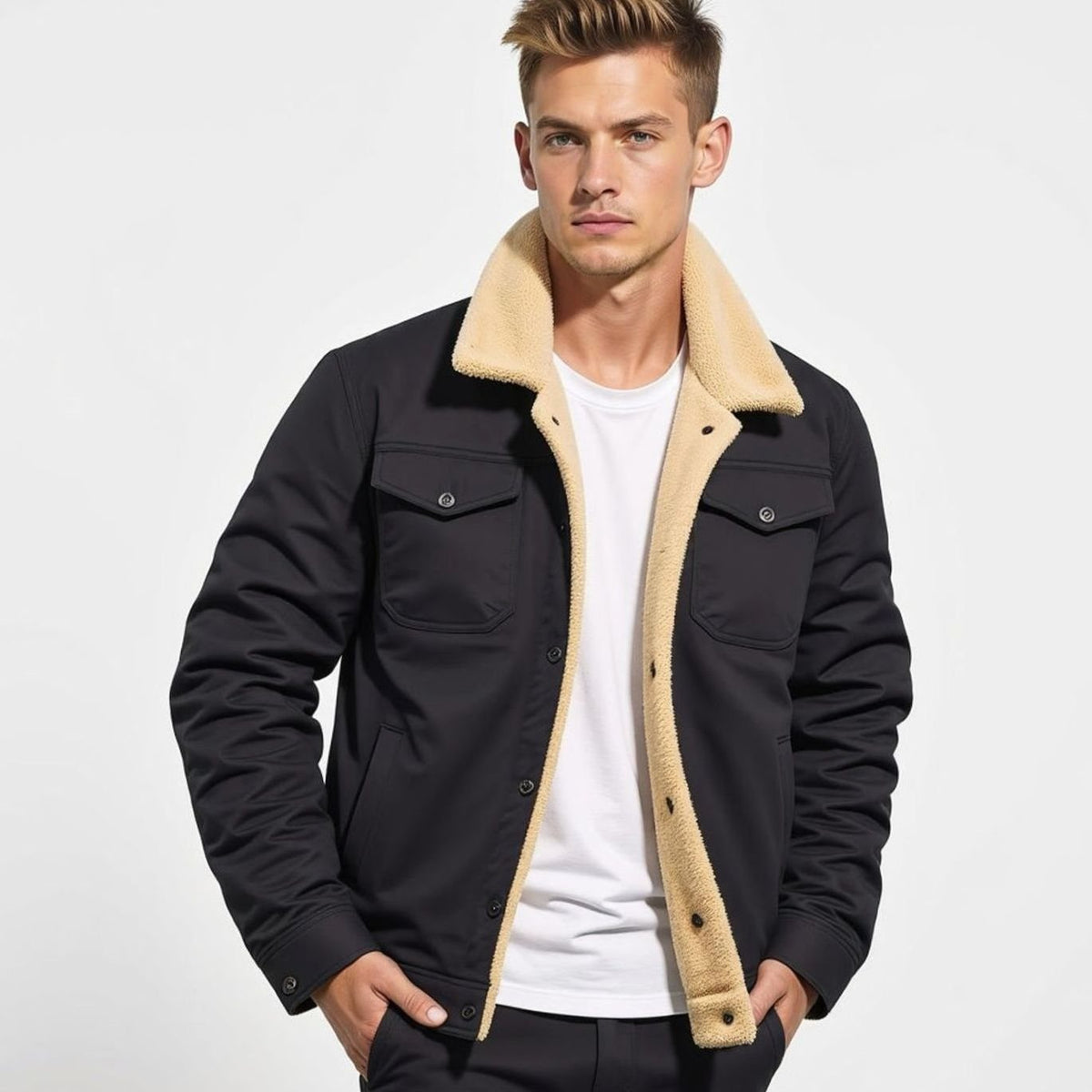 Men's sherpa lined denim trucker jacket with snap front