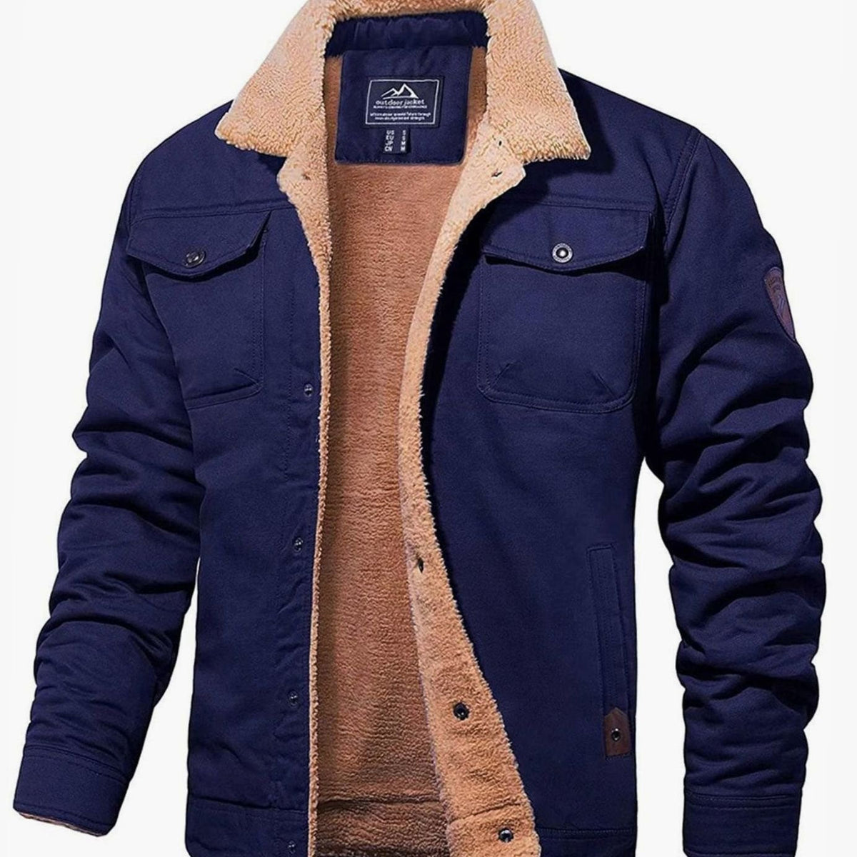 Men's sherpa lined denim trucker jacket with snap front - navy blue