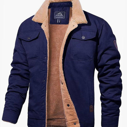 Men's sherpa lined denim trucker jacket with snap front - navy blue