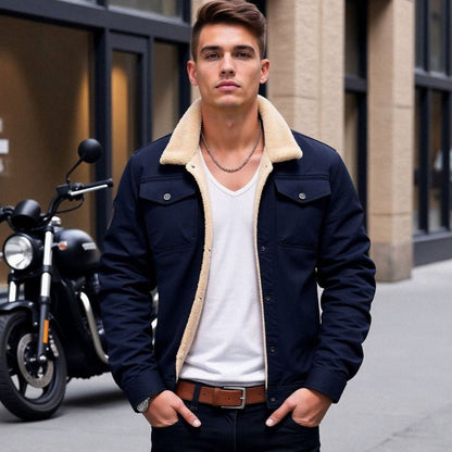 Men's sherpa lined denim trucker jacket with snap front