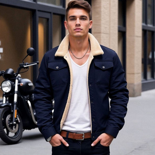 Men's sherpa lined denim trucker jacket with snap front