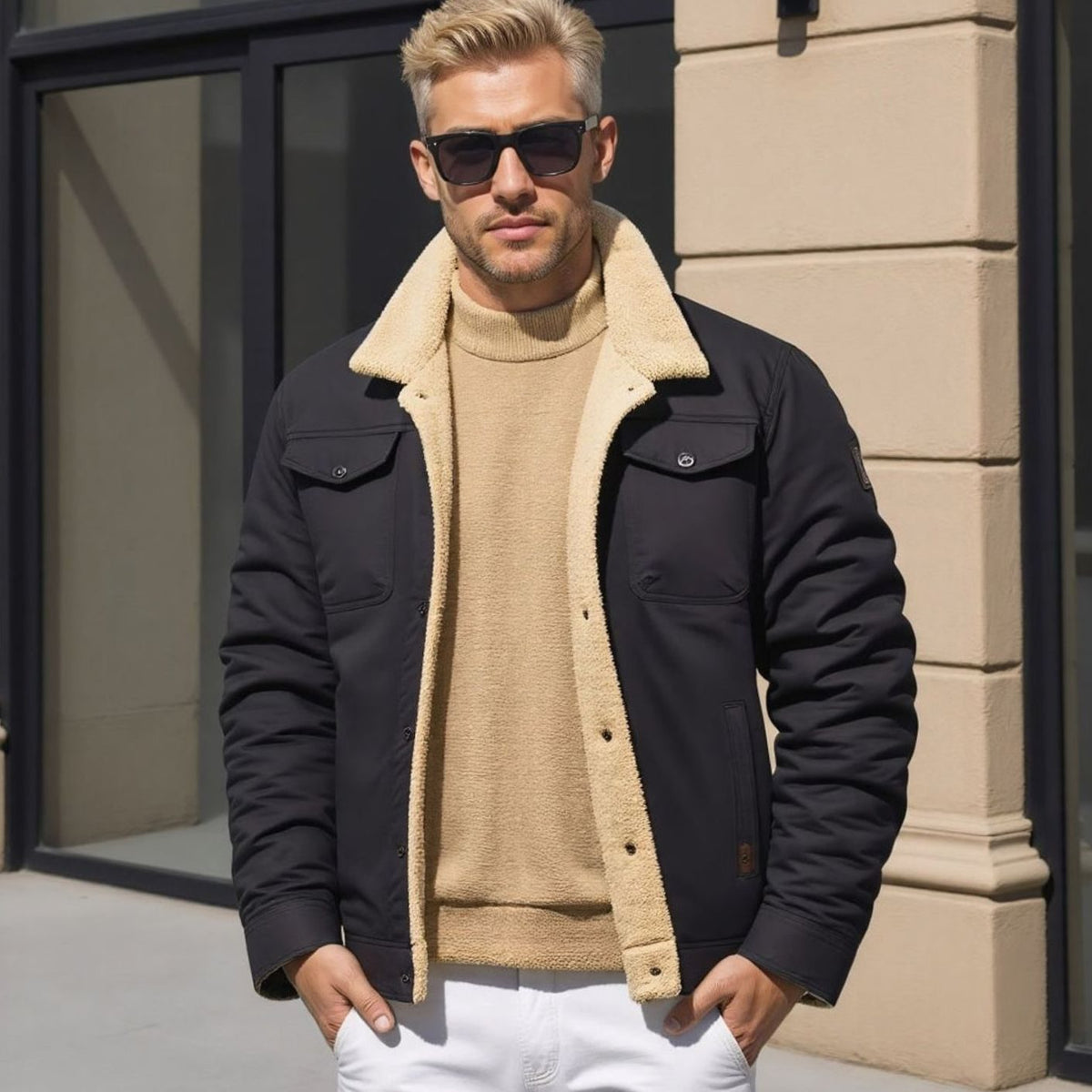 Men's sherpa lined denim trucker jacket with snap front