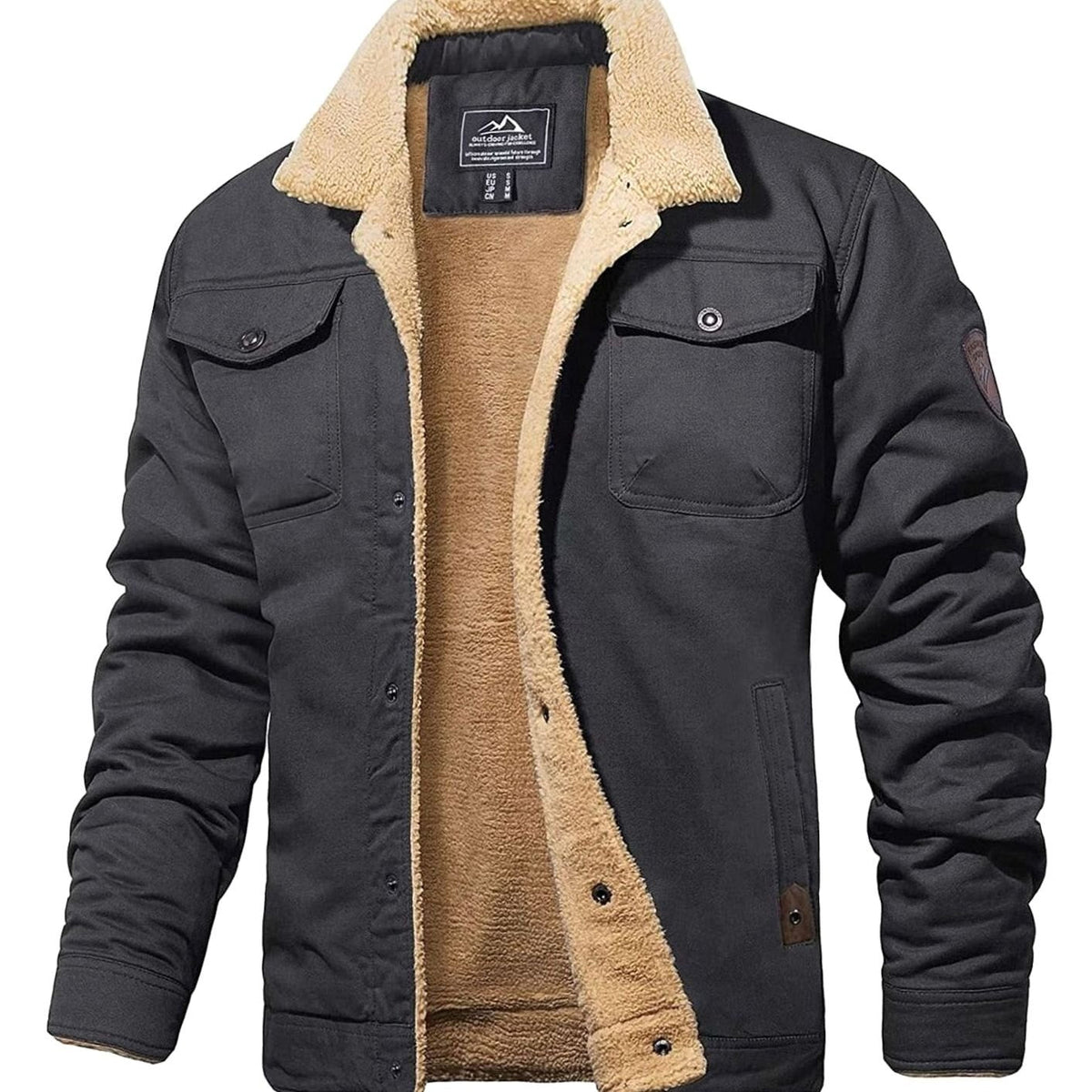 Men's sherpa lined denim trucker jacket with snap front - dark grey