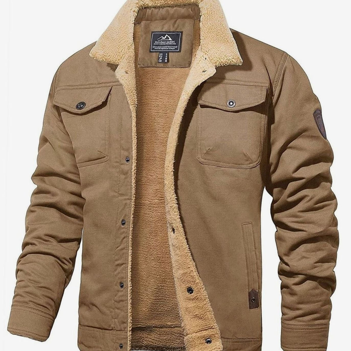 Men's sherpa lined denim trucker jacket with snap front - khaki