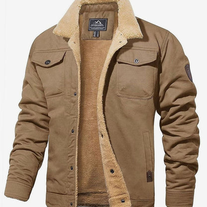 Men's sherpa lined denim trucker jacket with snap front - khaki