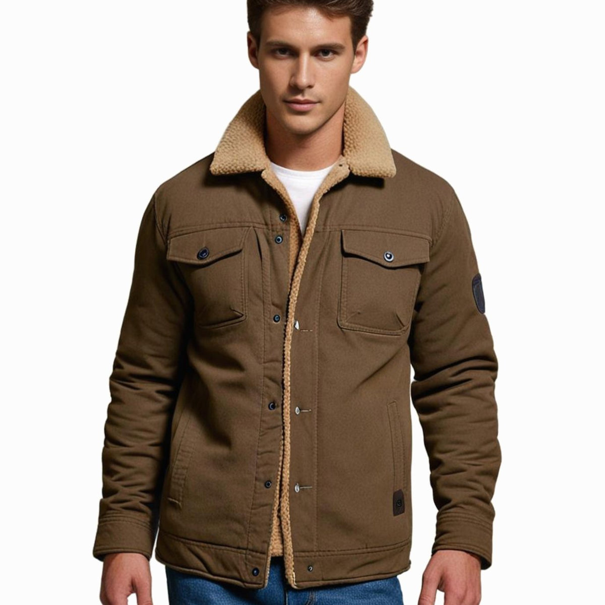 Men's sherpa lined denim trucker jacket with snap front