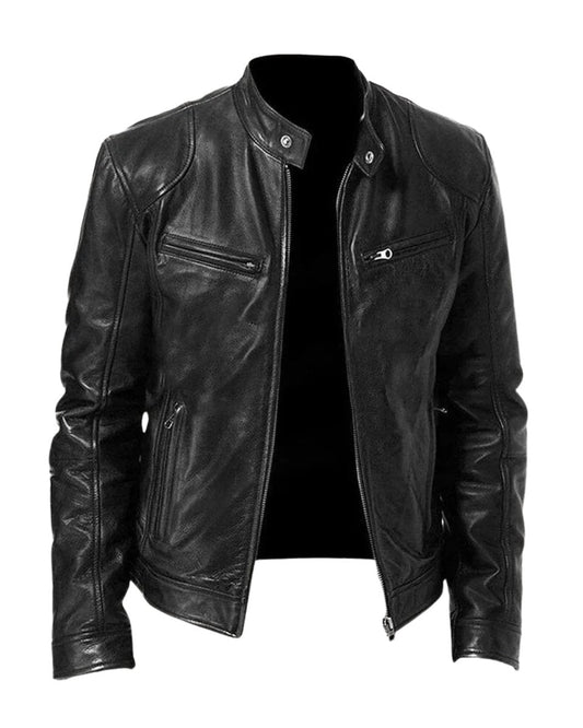 Slim-fit quilted moto leather jacket for men