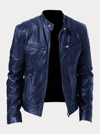 Slim-fit quilted moto leather jacket for men - dark blue