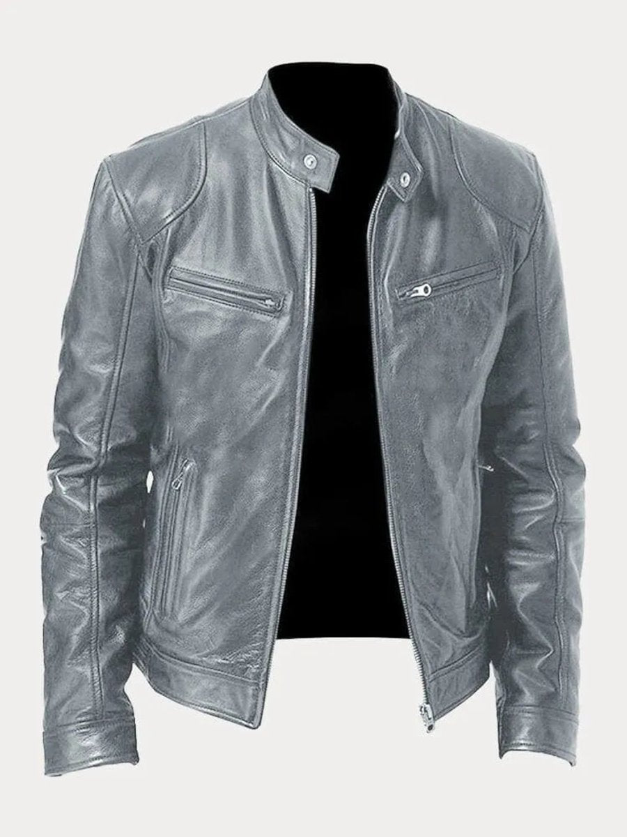 Slim-fit quilted moto leather jacket for men - gray