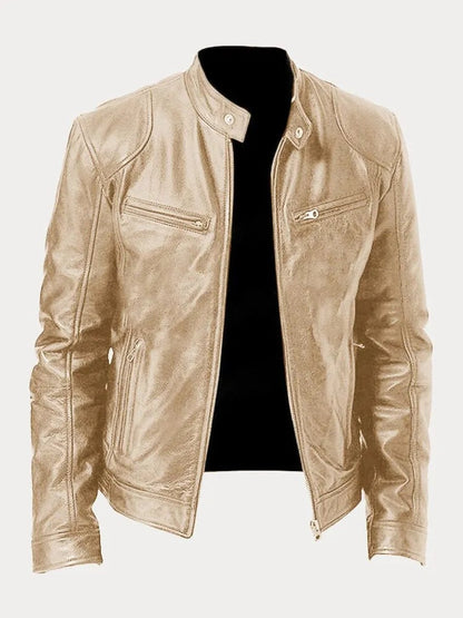 Slim-fit quilted moto leather jacket for men - gold