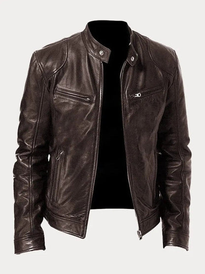 Slim-fit quilted moto leather jacket for men - brown
