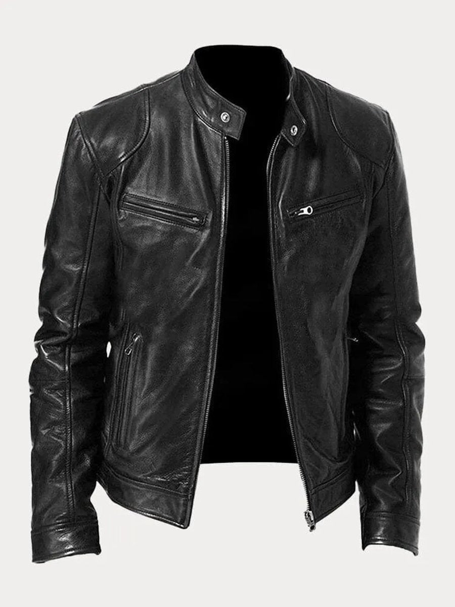 Slim-fit quilted moto leather jacket for men - black
