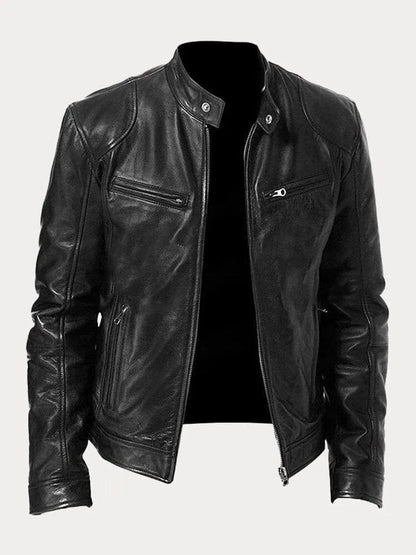Slim-fit quilted moto leather jacket for men - black