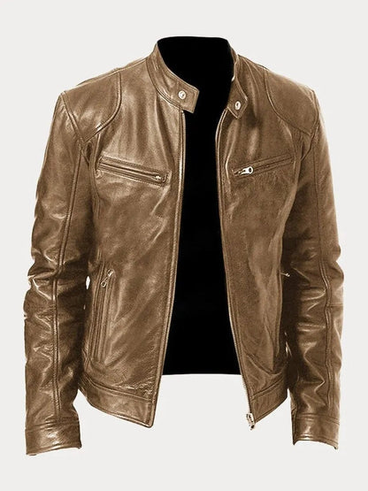 Slim-fit quilted moto leather jacket for men - khaki