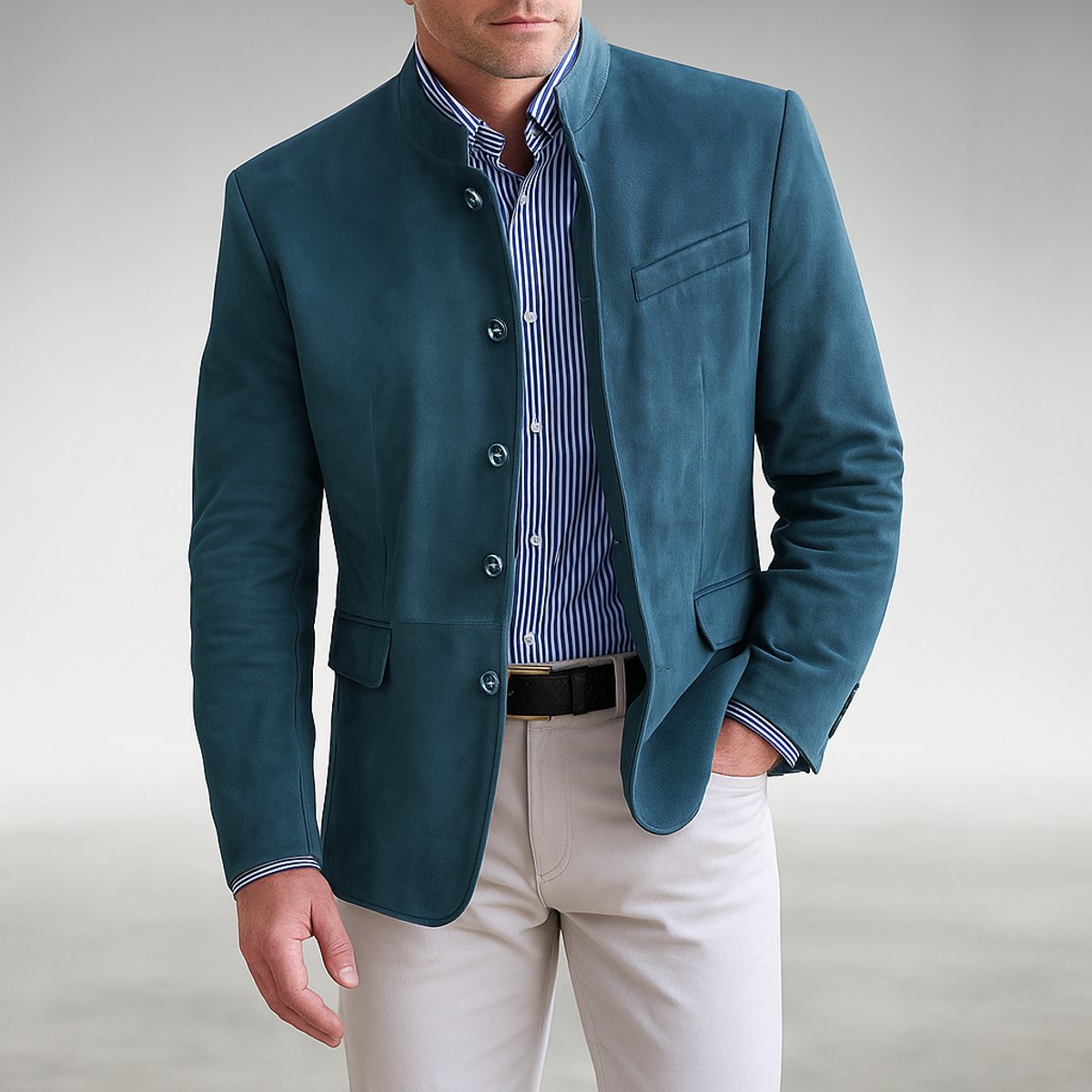 Blazer for men with mandarin collar and buttons - blue