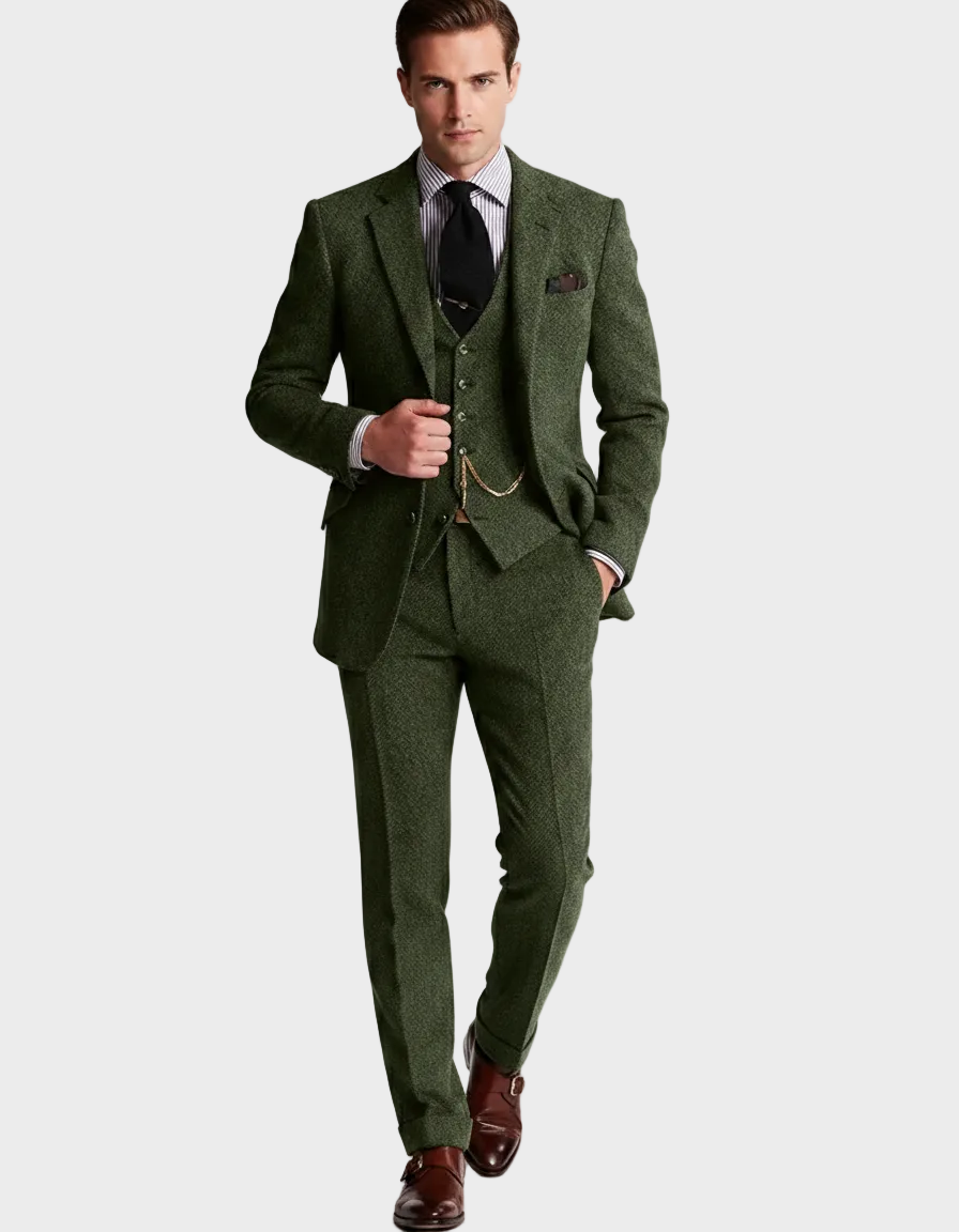 Men's Woven Three-Piece Suit with Notch Lapel and Waistcoat
