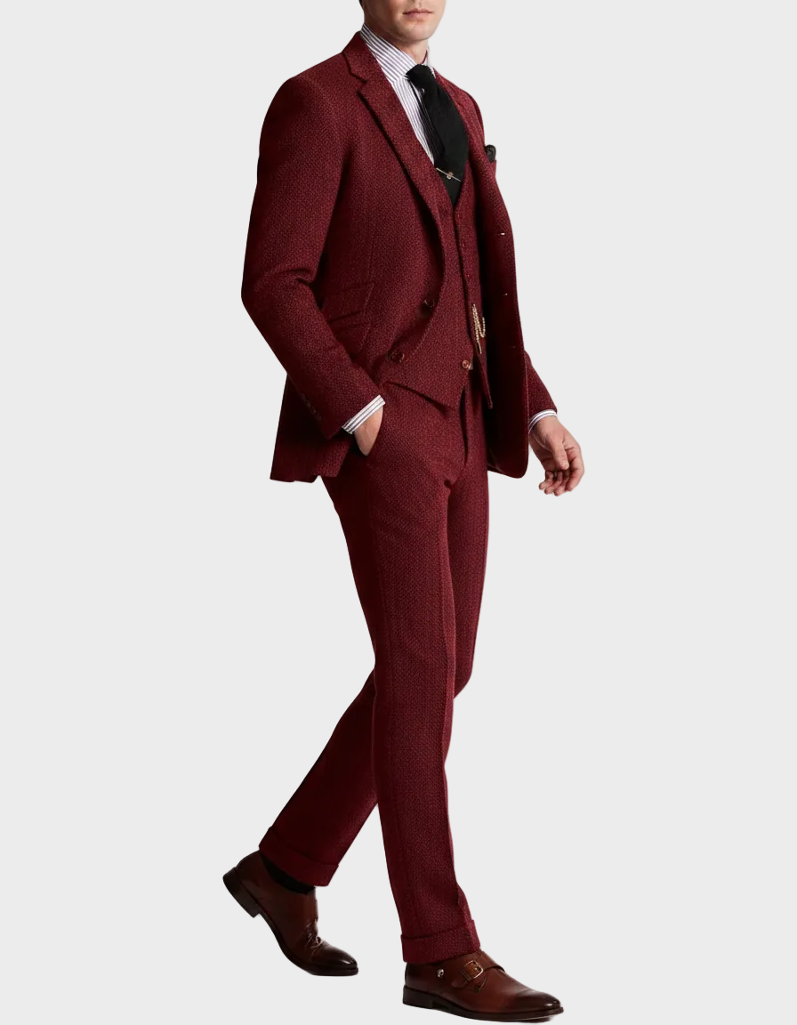 Men's Woven Three-Piece Suit with Notch Lapel and Waistcoat