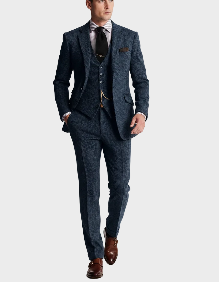 Men's Woven Three-Piece Suit with Notch Lapel and Waistcoat