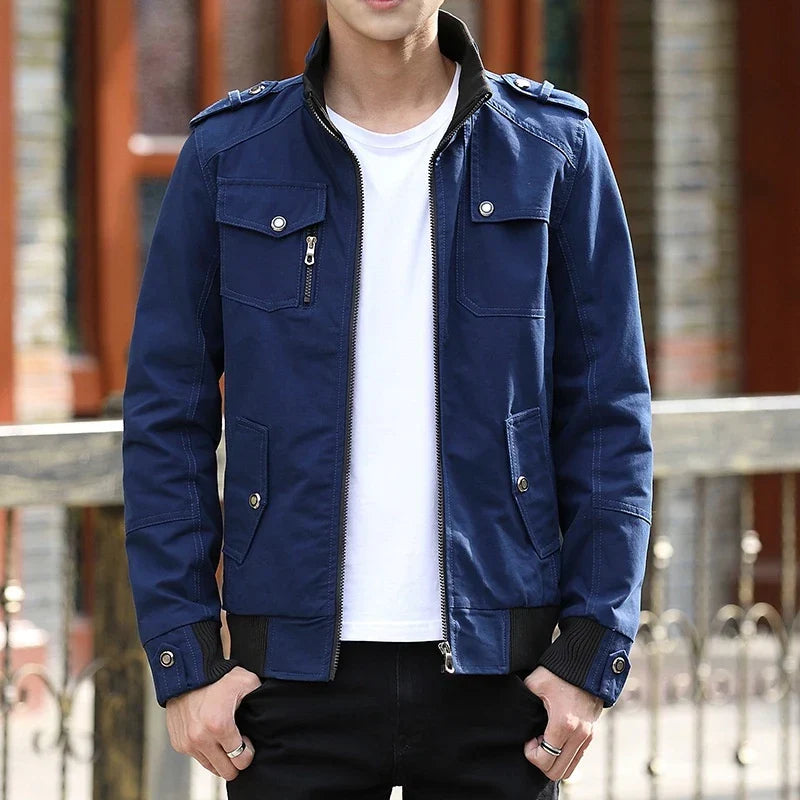 Men's zip-up bomber jacket with ribbed trim - blue