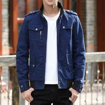 Men's zip-up bomber jacket with ribbed trim - blue