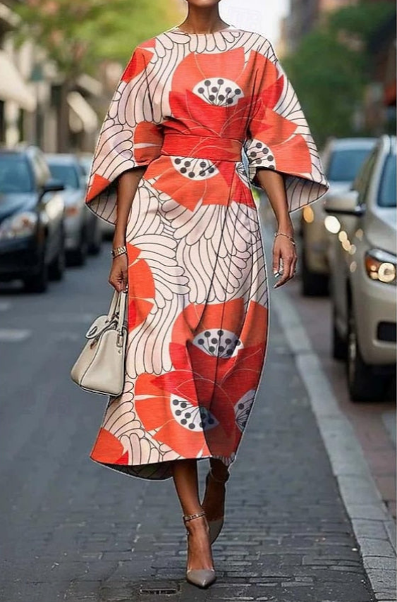 Mira | Women's Elegant Silk Kimono Sleeve Belted Midi - Orange / S - Women's Fashion