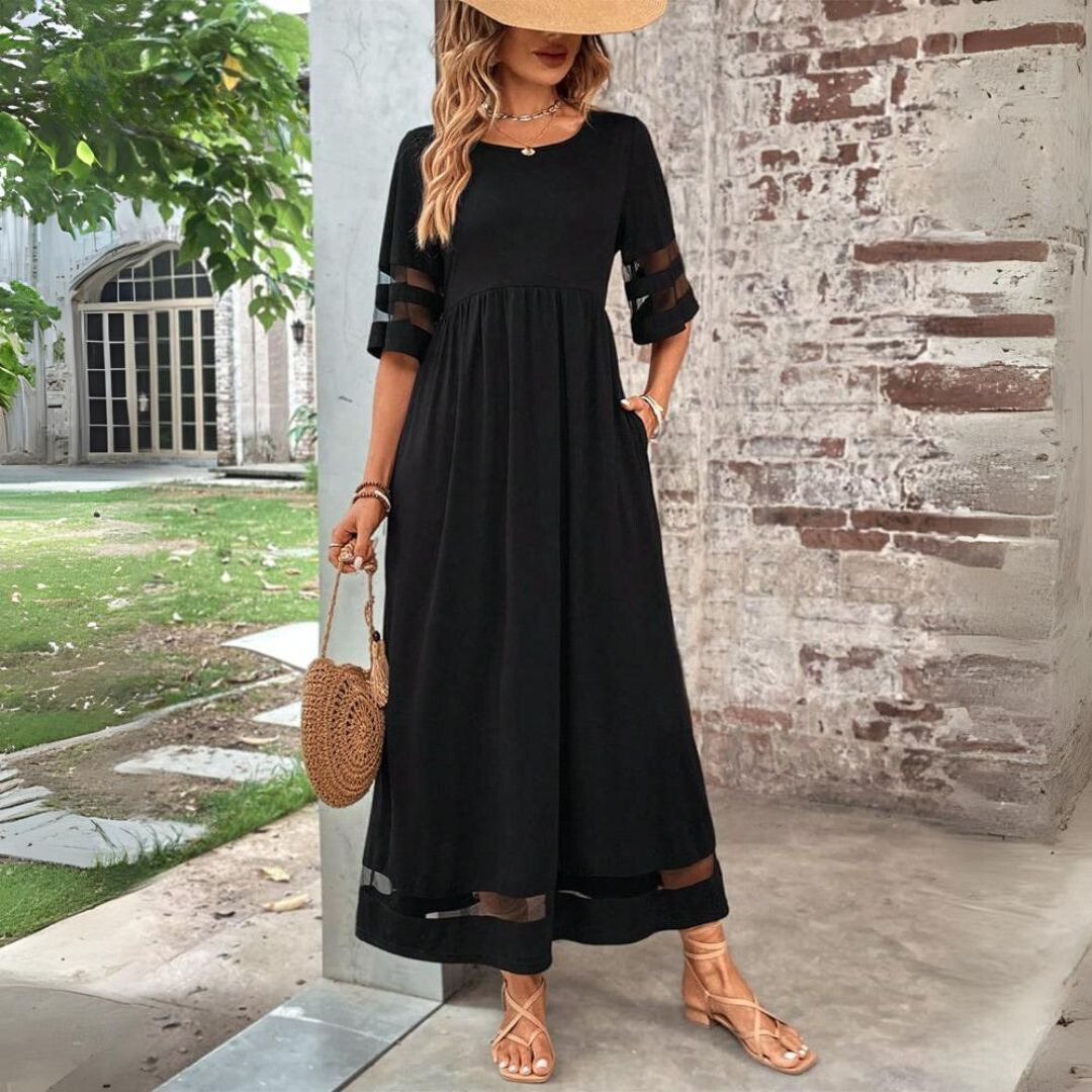 Noir | Women's Stretch Mesh Panel Gathered Waist Maxi Dress