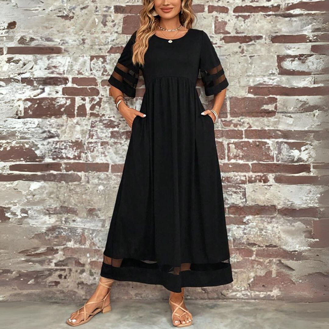 Noir | Women's Stretch Mesh Panel Gathered Waist Maxi Dress